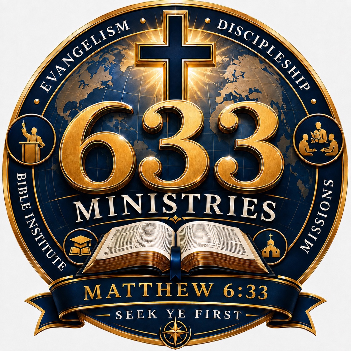 633 Ministries Commission Seal with a cross, globe, open Bible, and the words Evangelism, Discipleship, Bible Institute, Missions, Matthew 6:33, and Seek Ye First